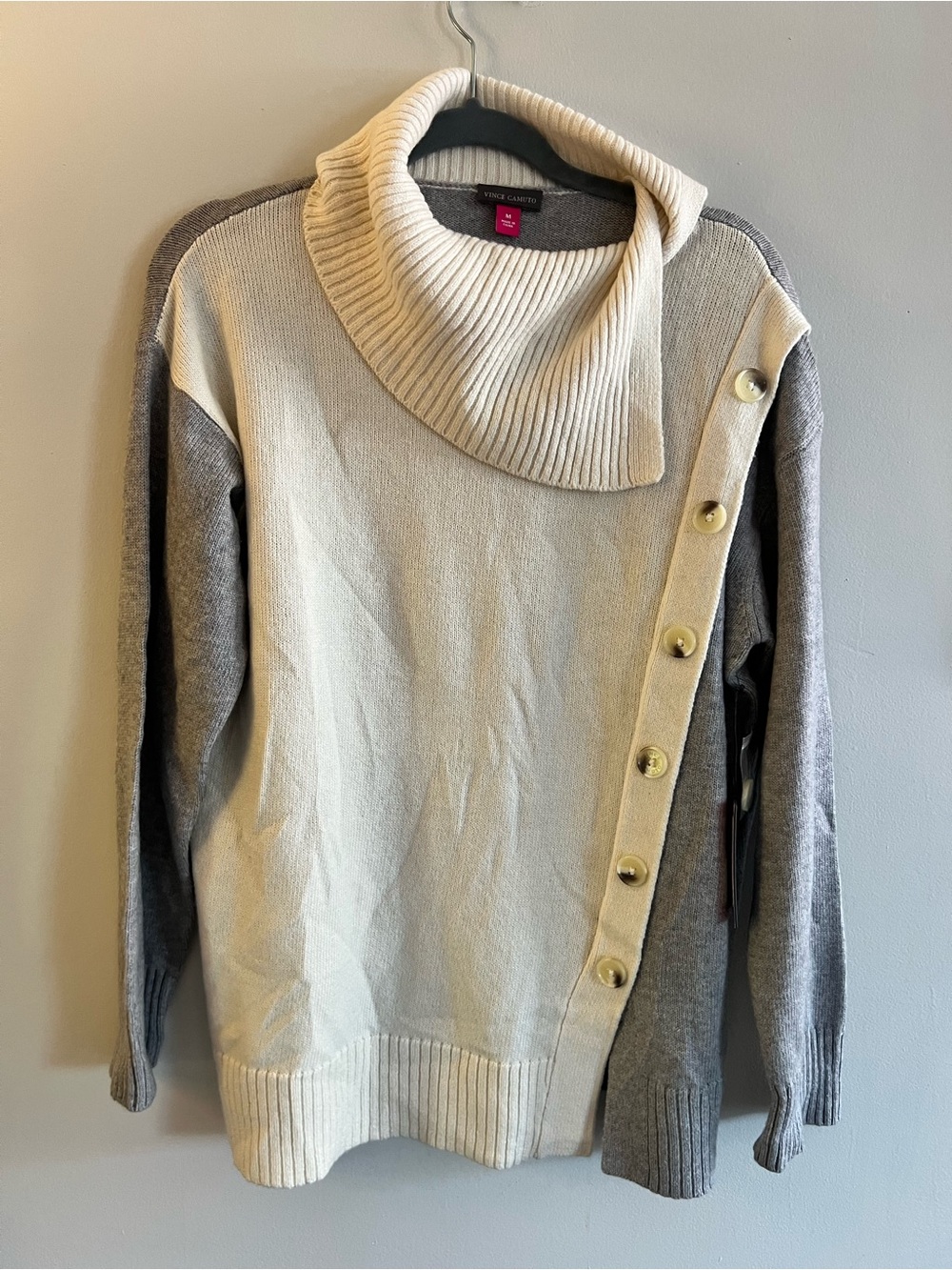 Vince Camuto Ivory and Gray Two-Tone Cowl Neck Sweater with Side Buttons
